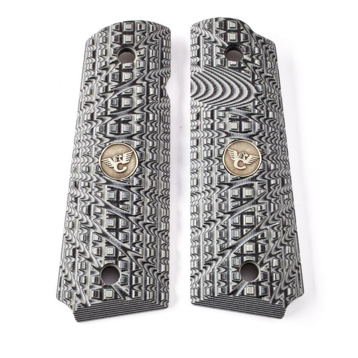 GRIPS, 1911, FULL-SIZE, TRAK STARBURST, G10, GRAY/BLACK, BEVELED BOTTOM