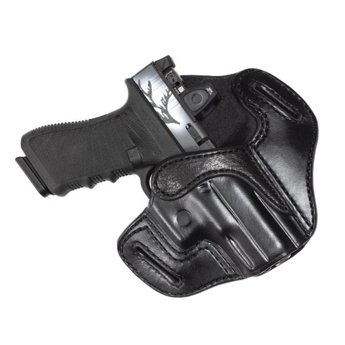 HOLSTER, GLOCK 19/23/32, OPTIC READY, RIGHT HAND, 1.5" BELT, BLACK LEATHER WITH SHARK TRIM