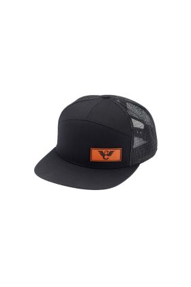 CAP, LOGO, FLAT BILL, 7 PANEL TRUCKER CAP, BLACK