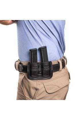 MAGAZINE POUCH, EDC X9, DOUBLE, AMBIDEXTROUS, 1.5" BELT, BLACK LEATHER WITH SHARK TRIM