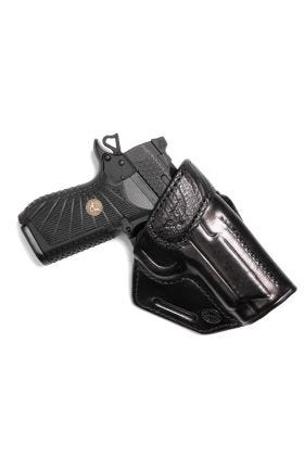 HOLSTER, EDC X9, MILT SPARKS PROFESSIONAL, RIGHT HAND, 1.5" BELT, BLACK HORSEHIDE WITH SHARK TRIM