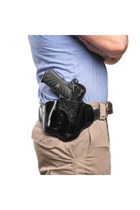 HOLSTER, COMPACT 1911 WITH TLR-3 WEAPON LIGHT, LO-PROFILE II, RIGHT HAND, 1.5" BELT, BLACK LEATHER WITH SHARK TRIM