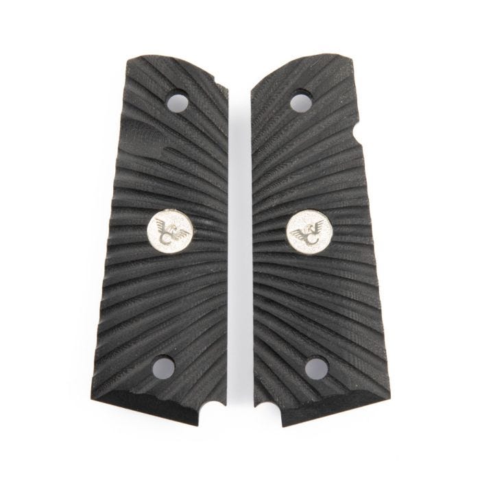 GRIPS, 1911, FULL-SIZE, STARBURST, G10, BLACK, BEVELED BOTTOM, STERLING SILVER MEDALLION