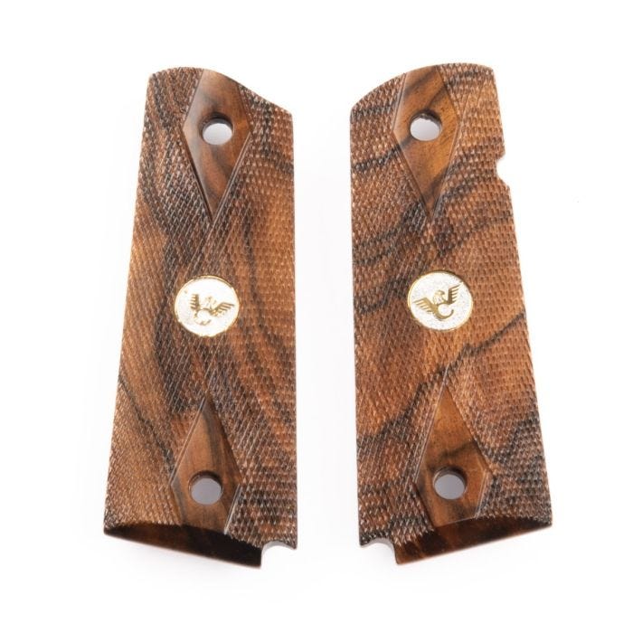 GRIPS, 1911, FULL-SIZE, DOUBLE DIAMOND, FRENCH WALNUT, BEVELED BOTTOM, TWO-TONE MEDALLION