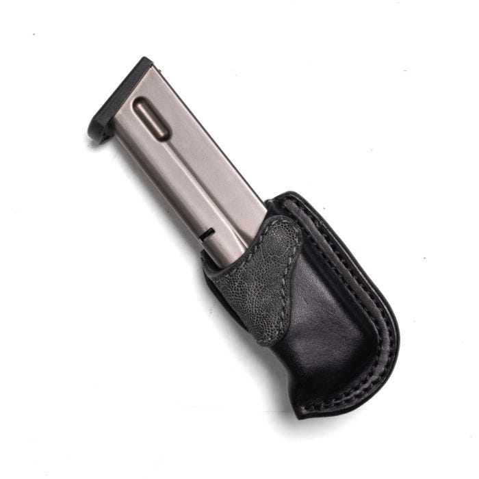 MAGAZINE POUCH, BERETTA 92, SINGLE SNAP, RIGHT HAND, 1.5" BELT, BLACK LEATHER WITH GRAY ELEPHANT TRIM