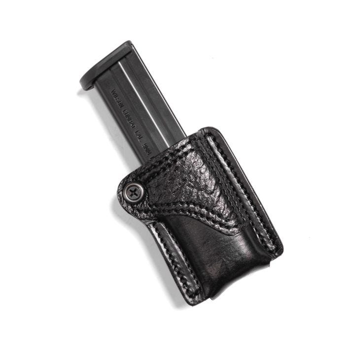 MAGAZINE POUCH, EDC X9, SINGLE, AMBIDEXTROUS, 1.5" BELT, BLACK LEATHER WITH SHARK TRIM